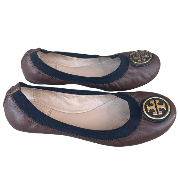 Tory Burch Caroline black and brown leather logo ballet flat shoes size 6.5 - Picture 4 of 14